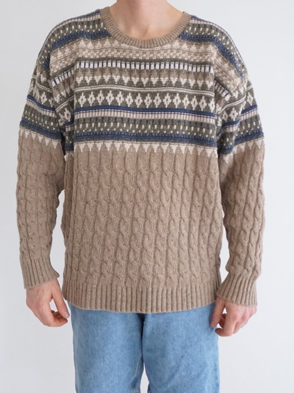Vintage Unbranded Taupe Fair Isle Cable Wool Blend Grandpa Fisherman Sweater XL